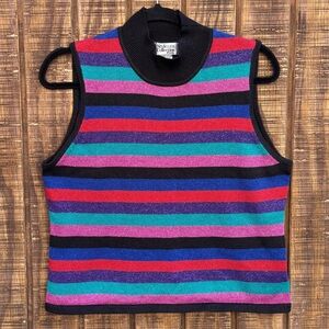 Vintage Retro Rainbow Colored Striped Mock Neck Sweater Tank Top